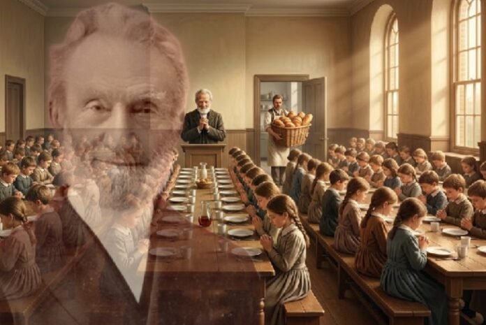 George Müller George Müller berdiri di ruang makan panti asuhan, memimpin anak-anak yatim dalam doa syukur sebelum makan, sementara seorang tukang roti datang membawa roti yang cukup untuk semua, melambangkan pemeliharaan Tuhan yang ajaib