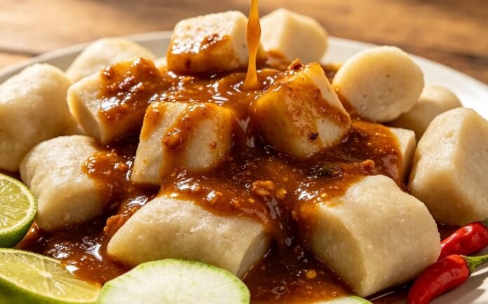 Pempek Palembang dengan siraman cuko asam pedas khas, disajikan bersama irisan mentimun Pempek Palembang dengan siraman cuko asam pedas khas, disajikan bersama irisan mentimun