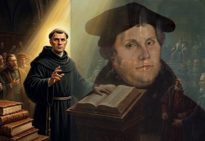 "Martin Luther berdiri teguh di hadapan Kaisar Charles V dalam Diet of Worms, dengan Alkitab terbuka di tangannya dan cahaya keemasan dari atas menyinari wajahnya, melambangkan keberanian iman yang bersandar pada Firman Tuhan."