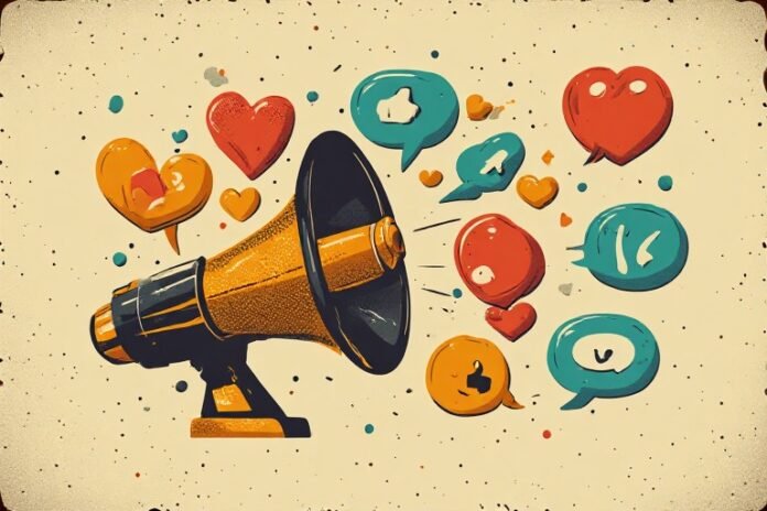 Z (8) Ilustrasi poster retro vintage tentang engagement media sosial dengan megafon, komentar, like, dan share