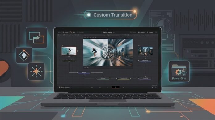 a0b2e45a-95c8-47f6-bb4f-25683483 Ilustrasi pembuatan transisi kustom di DaVinci Resolve Fusion dengan node tree, zoom, slide, glitch, dan template