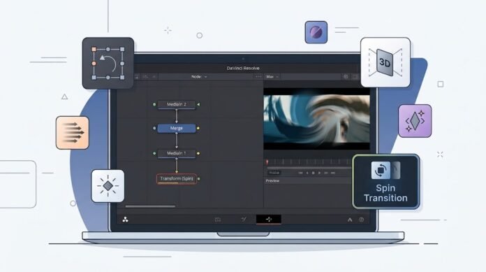 a15db00d-3081-4359-889c-53a2b591 Ilustrasi spin transition di DaVinci Resolve Fusion dengan transform, rotasi, motion blur, dan transisi putar sinematik