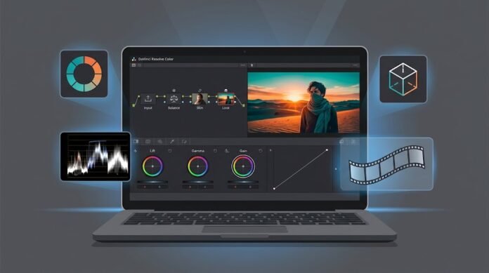 a41b7157-c611-4772-a082-8d0d05da Ilustrasi color grading di DaVinci Resolve dengan node tree, color wheels, LUT, dan film look sinematik