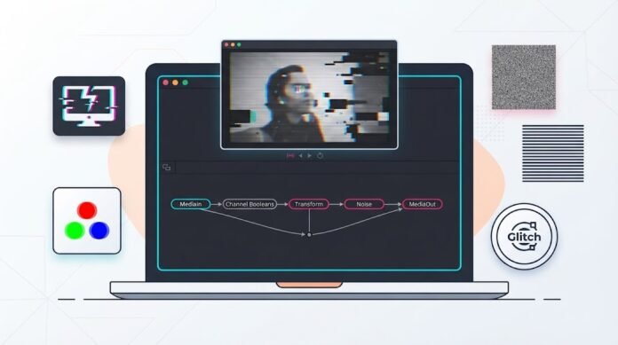 a769f3b5-4f72-4382-a610-781cecfe Ilustrasi efek glitch di DaVinci Resolve Fusion dengan RGB split, displacement, scanline, noise, dan glitch transisi