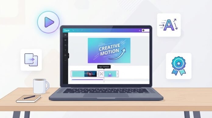 aa0670a1-fa0d-4fdb-ad30-54270a65 Ilustrasi pembuatan motion graphics sederhana di Canva dengan animasi teks, elemen bergerak, transisi, dan ekspor video