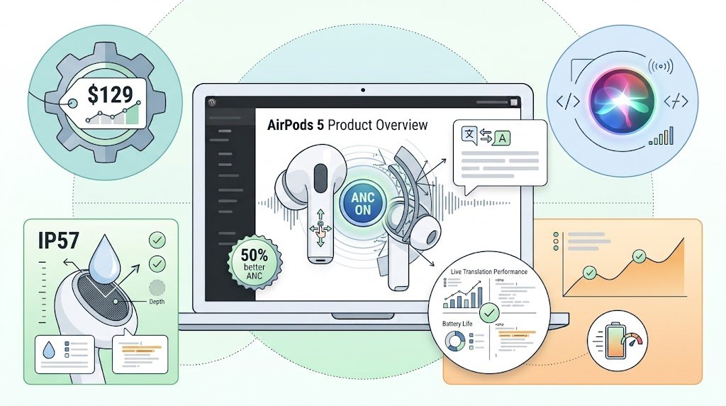 Ilustrasi review AirPods 5 dengan ANC di harga terjangkau, Live Translation, IP57, dan Siri AI
