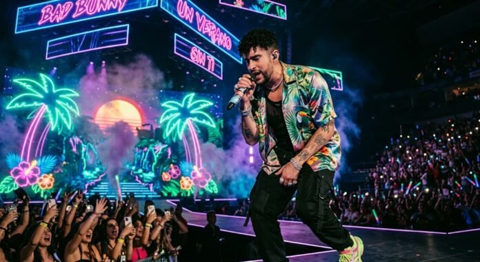 Bad Bunny tampil memukau di panggung dengan latar tropis dan pencahayaan neon, mencerminkan energi lagu-lagunya yang mendominasi YouTube 2026.