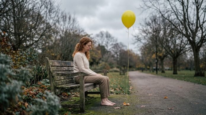Seseorang duduk sendirian di bangku taman dengan ekspresi lelah, sementara balon kuning melayang di dekatnya, menggambarkan kontras antara kesedihan nyata dan tuntutan untuk selalu terlihat positif.