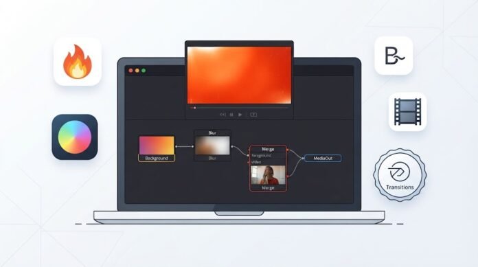 af8011a0-cd90-4057-a30a-1d2689bd Ilustrasi efek film burn di DaVinci Resolve Fusion dengan gradient, blur, merge screen, dan animasi transisi sinematik
