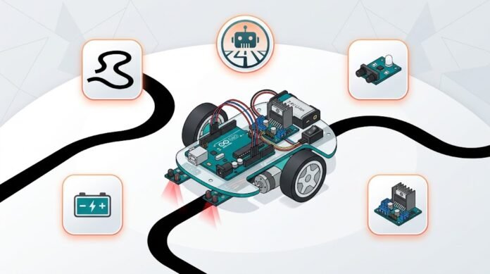 b17cda90-7ed2-4ba9-800c-841755f7 Ilustrasi robot pengikut garis dengan Arduino, sensor IR, driver motor L298N, dan garis hitam di permukaan putih