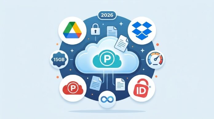 b1c07361-1532-4445-bb91-0771cee2 Ilustrasi review cloud storage terbaik 2026: Google Drive, Dropbox, pCloud, IDrive dengan kapasitas, keamanan, dan kecepatan transfer