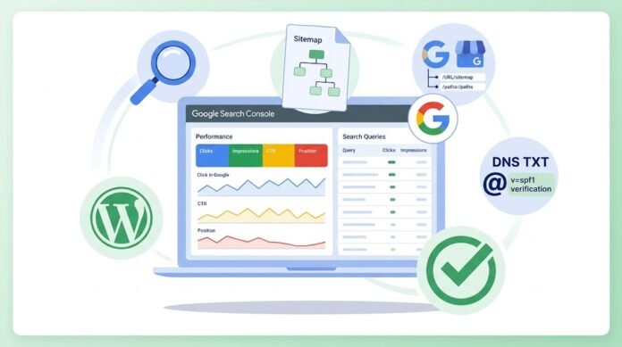 b209c478-b10e-42be-8f42-538803b3 Ilustrasi setup Google Search Console untuk WordPress dengan dashboard performa, verifikasi DNS, sitemap, dan data pencarian