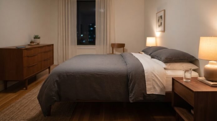 b33d3f24-c319-4ae8-9cc3-483f5029 Kamar tidur minimalis dengan ponsel diletakkan jauh dari tempat tidur, menggambarkan praktik sleep hygiene yang mendukung tidur berkualitas.