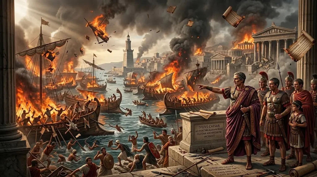 illustration of Julius Caesar ordering the burning of Egyptian ships in the port of Alexandria