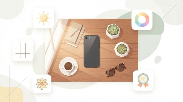 b6452910-3dc9-4b43-9f71-348066f8 Ilustrasi pembuatan foto flat lay untuk Instagram dengan komposisi, props, pencahayaan alami, dan editing