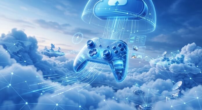 b875ee7b-e1d9-4398-b4b0-b0239c45 Ilustrasi cloud gaming yang mencerminkan masa depan industri gaming tanpa ketergantungan pada hardware fisik di 2026.