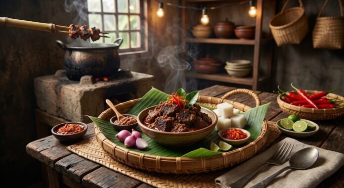 b9a16212-b297-41fd-8389-03d98cef Rendang daging sapi dengan warna cokelat pekat khas, hasil masakan panjang dengan rempah dan santan.