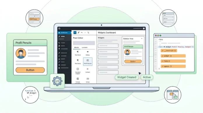 bcc3f4a6-cd01-4335-81ac-fd6c5d8c Ilustrasi pembuatan widget kustom WordPress dengan WP_Widget, register_sidebar, form admin, dan tampilan sidebar