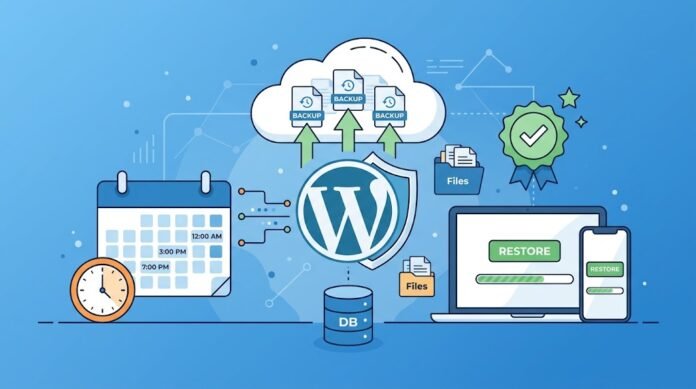 bdbb9f3d-df53-4e6c-a404-d4826920 Ilustrasi backup otomatis WordPress dengan cloud, jadwal, database, dan tombol restore untuk melindungi data website