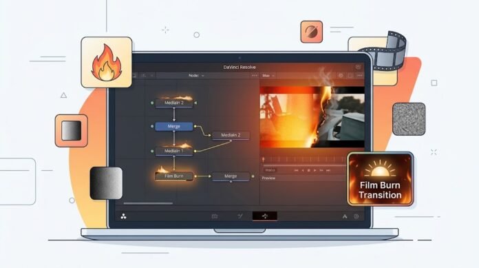 c0c11d2e-6f0a-4595-8a5f-1d918594 Ilustrasi film burn transition di DaVinci Resolve Fusion dengan gradient, blur, animasi, noise, dan transisi sinematik