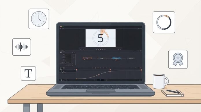 c22fdc14-c541-45e7-867f-beb798b6 Ilustrasi pembuatan countdown timer di DaVinci Resolve Fusion dengan Text+, animasi angka, lingkaran progres, dan ekspor transparan