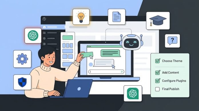 c695b9a0-74df-42db-b881-7e97707e Ilustrasi pemula menggunakan ChatGPT di laptop dengan ikon AI, ide, menulis, dan belajar untuk produktivitas