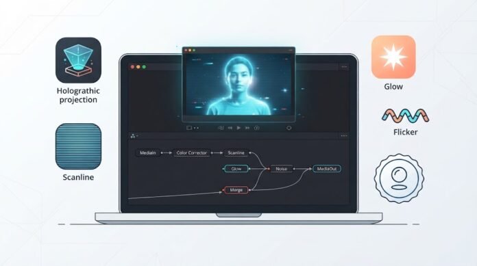 c6d1048d-8696-4ebf-8582-18e275f0 Ilustrasi efek hologram di DaVinci Resolve Fusion dengan warna cyan, scanline, glow, noise, dan animasi flicker
