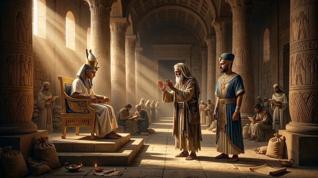 elderly Jacob (Israel) in simple Hebrew robes standing before Pharaoh on ornate golden throne, Joseph in Egyptian vizier garments standing beside his father