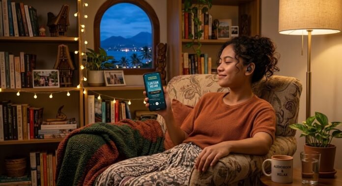 cac4a7ff-0dc5-459b-86e4-9b130340 Pendengar audiobook dengan earbuds wireless, mencerminkan tren konsumsi buku digital yang semakin praktis di era modern 2026.