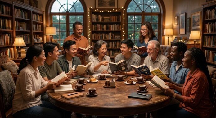 Pertemuan book club dengan anggota yang berdiskusi tentang buku, mencerminkan semangat komunitas literasi yang tumbuh di Indonesia 2026.