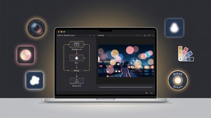ccc23b3c-46fd-4a5e-8039-90775a0c Ilustrasi efek bokeh di DaVinci Resolve Fusion dengan background, blur, lingkaran cahaya, dan bokeh sinematik