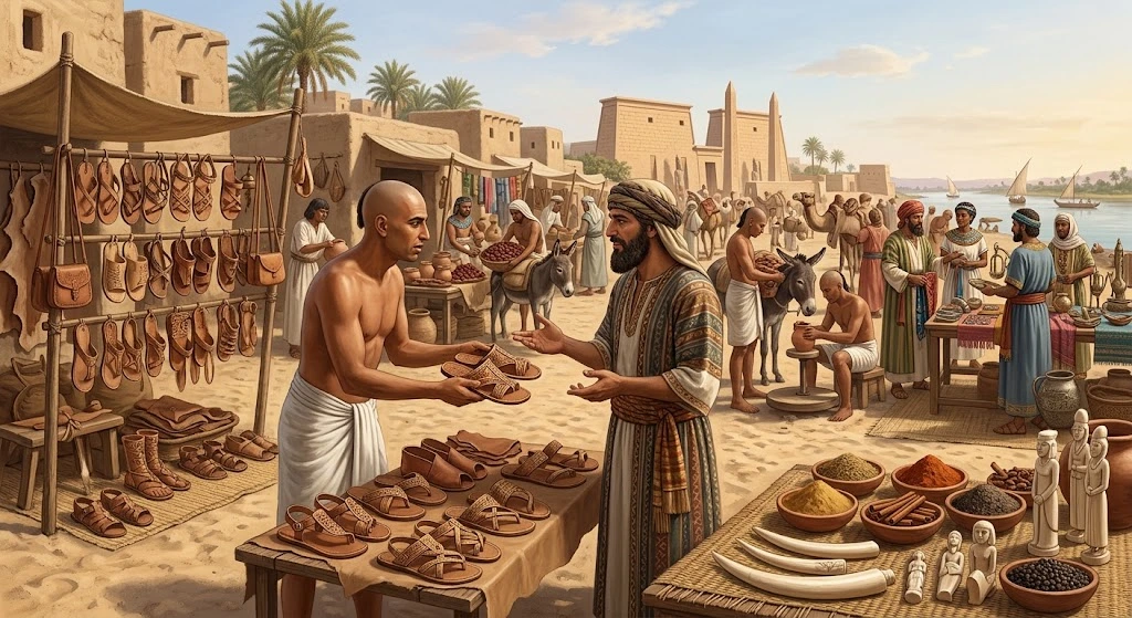 illustration of ancient Egyptian traders exchanging goods with foreign merchants