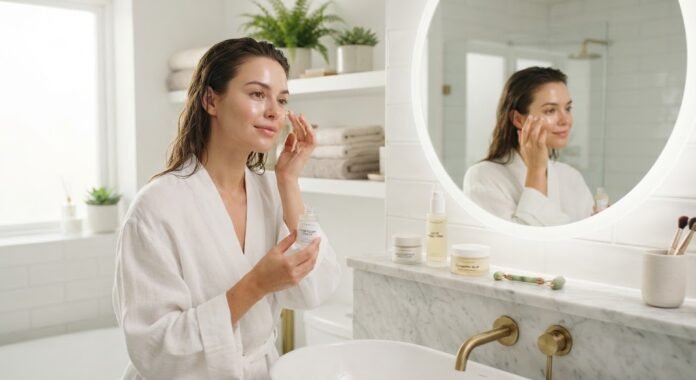 d2f19e92-d871-4e52-8172-bb78393e Wanita melakukan routine skincare di kamar mandi, mencerminkan tren beauty yang diinspirasi oleh selebriti di 2026