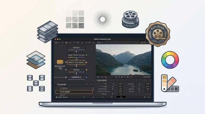 Ilustrasi efek film grain di DaVinci Resolve dengan tekstur film, noise, color page, dan tampilan sinematik