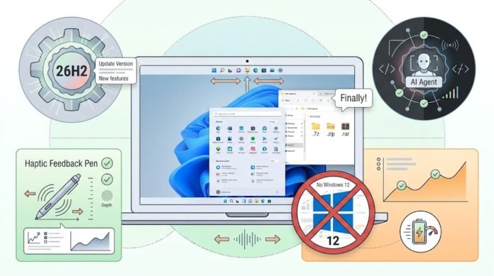 d716c40d-d98c-4ae4-a1be-d81f2c9d Ilustrasi review Windows 11 26H2 dengan taskbar bergerak, hapus Bing, File Explorer stabil, dan AI agents