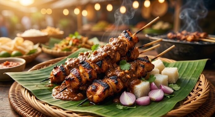 d8e6655c-3447-485d-bb04-66688ef7 Sate ayam dengan siraman bumbu kacang kental khas warung kaki lima, disajikan lengkap dengan lontong