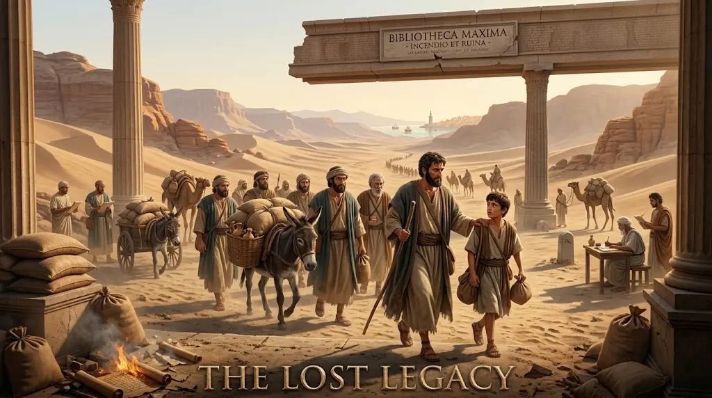 Jacob's sons returning to Egypt with Benjamin, carrying sacks of grain and gifts