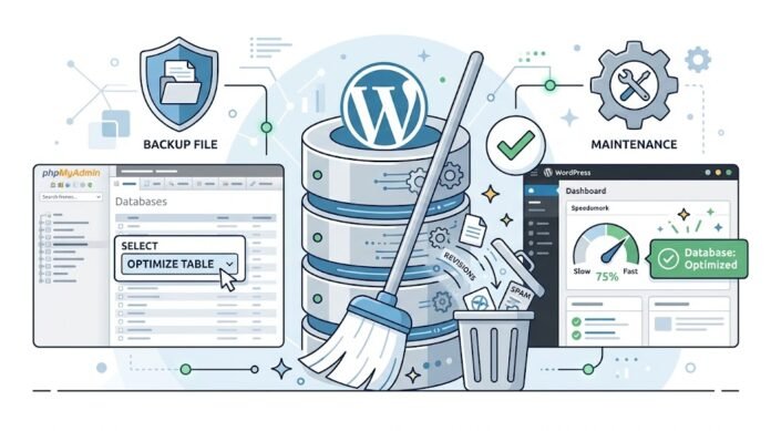 d926e228-699d-4b63-8a8a-a82e8874 Ilustrasi optimasi database WordPress dengan pembersihan data sampah, optimasi tabel, dan peningkatan performa