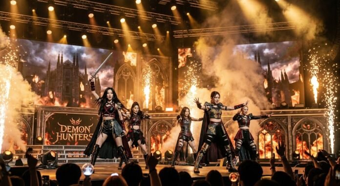 d9d3b381-06ec-40b1-ab04-ae41274c Ilustrasi pertunjukan KPop Demon Hunters dengan tema pemburu iblis dan pencahayaan emas yang dramatis, mencerminkan energi lagu 'Golden' yang viral di 2026.