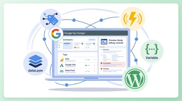 dc1af259-09e7-4a2e-aa03-cad421bd Ilustrasi setup Google Tag Manager di WordPress dengan container, tag tracking, trigger, dan preview mode
