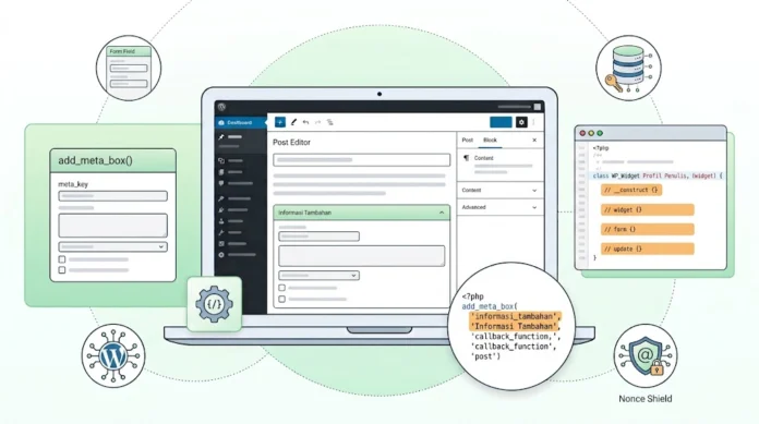 dd520462-b973-41f4-ab7b-98426f9f Ilustrasi pembuatan custom meta box WordPress dengan add_meta_box, field form, sanitasi data, dan tampilan di editor