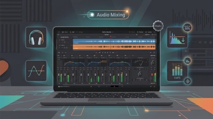 dddcb448-31f3-4f05-9fa1-77a9eae2 Ilustrasi mixing audio di DaVinci Resolve Fairlight dengan mixer, EQ, compressor, noise reduction, dan loudness meter