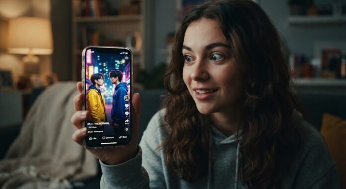 dede4c38-7978-4d13-aaff-01ddfbf2 Penonton muda menikmati short drama vertikal di smartphone, format konten yang mendominasi konsumsi hiburan 2026.