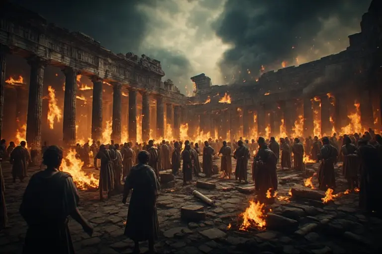 illustration of the Serapeum in flames