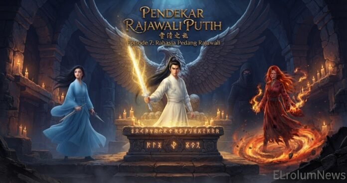 Lin Bima menemukan ruang rahasia di Pegunungan Salju Abadi, sementara Sari, Api, dan Pedang Bayangan Malam menyaksikan.