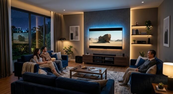 e18b20d8-9a3e-4715-856f-ac46e3f2 Setup home theater modern dengan TV OLED dan soundbar, mencerminkan tren smart home entertainment yang semakin populer di 2026