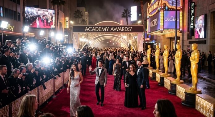 Suasana glamour ajang Oscar 2026 dengan para selebriti dan piala emas yang menjadi puncak prestasi industri film dunia