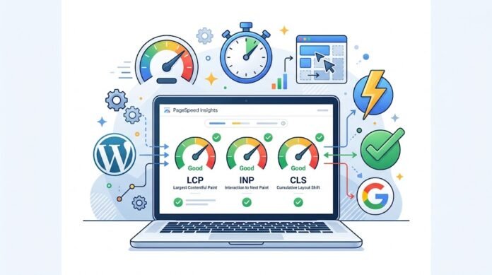 e230aa19-8ab5-4d8b-9e7d-4d78ec0d Ilustrasi optimasi Core Web Vitals WordPress dengan LCP, INP, CLS di PageSpeed Insights dan indikator performa hijau