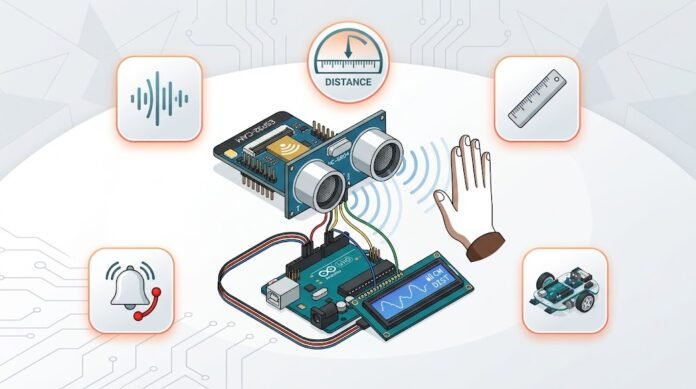 e2317fe0-bba6-4d89-8ea5-b49cab0f Ilustrasi sensor ultrasonik HC-SR04 dengan Arduino untuk pengukuran jarak, gelombang suara, LCD, dan alarm kedekatan