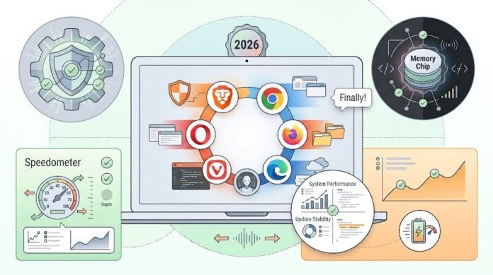 e38007f4-3d7d-409e-a087-56bd60db Ilustrasi perbandingan browser terbaik 2026: Brave, Chrome, Firefox, Edge, Vivaldi, dan Opera dengan indikator privasi dan performa